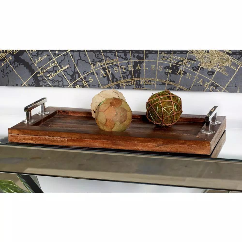 LITTON LANE 22-Inch Mango Wood Rectangular Tray with Stainless Steel Handles - Cherrywood Finish