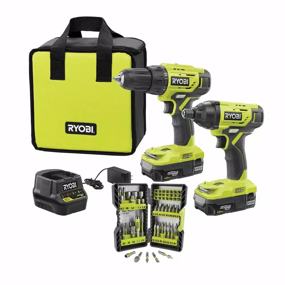 RYOBI 18V ONE+ Cordless 2-Tool Combo Kit with (2) 1.5Ah Batteries, Charger, Bag & 70-Piece Impact Rated Driving Kit