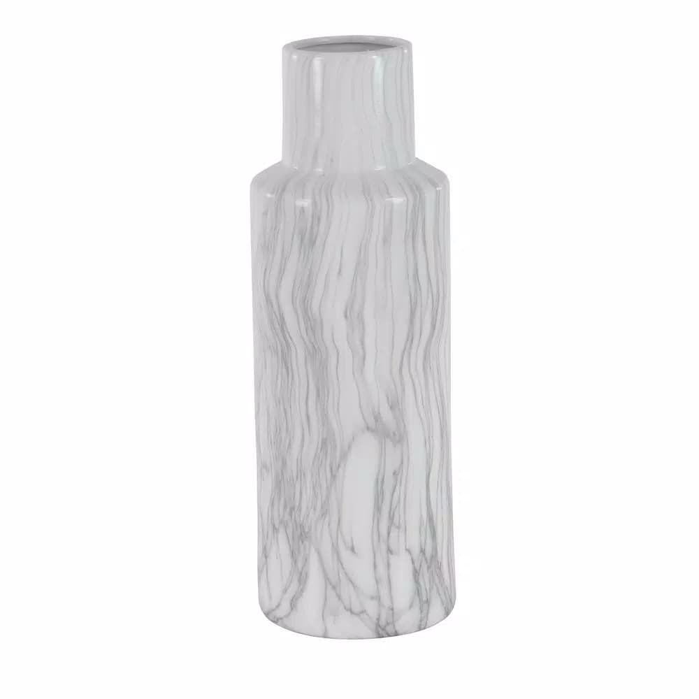 LITTON LANE 21 in. Classic Marble Cylinder White Ceramic Decorative Vase with Gray Veining