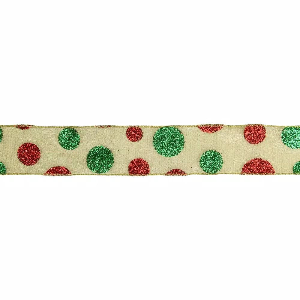 Northlight Red and Green Glitter Polka Dot Metallic Gold Wired Ribbon, 2.5 in. x 16 yds.
