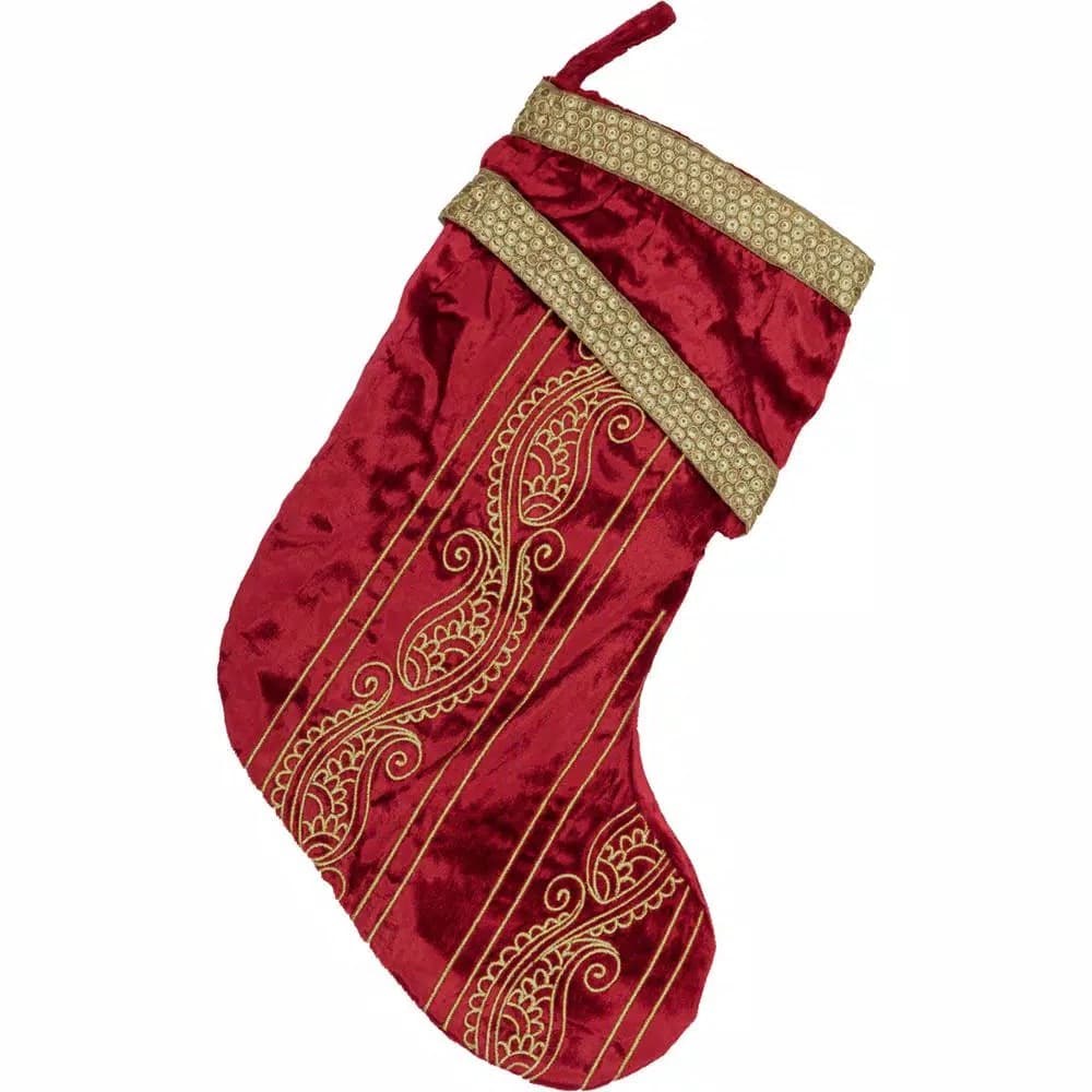 VHC Brands 15 in. Red Viscose Velvet Christmas Stocking with Gold Paisley Embroidery