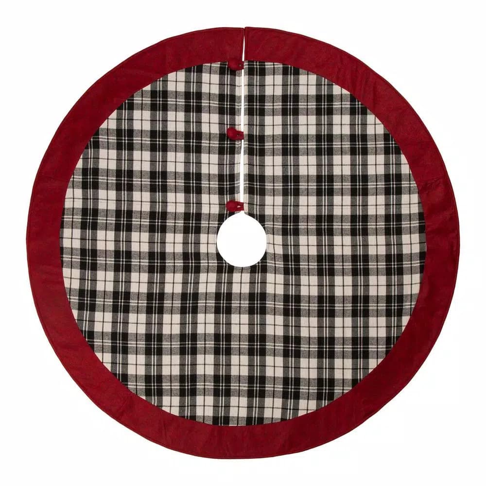Glitzhome 48 in. Black and White Plaid Fabric Christmas Tree Skirt with Red Trim