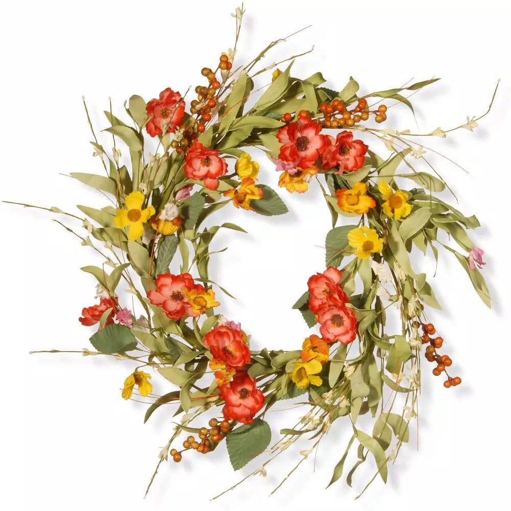 National Tree Company 22 in. Spring Flower Wreath - Assorted Yellow, Pink, and White Mixed Blooms