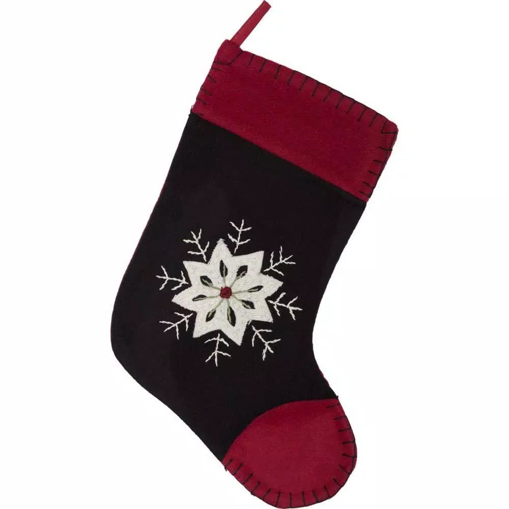 VHC Brands 15 in. Christmas Snowflake Embroidered Felt Stocking - Coal Black & Crimson