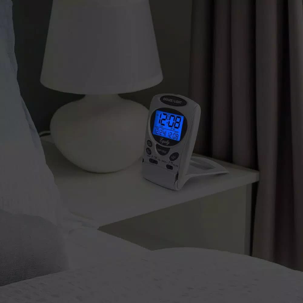 Equity by La Crosse Fold-Up Digital 2.70 in. LCD Travel Alarm Clock with Nap Timer and Backlight, Silver