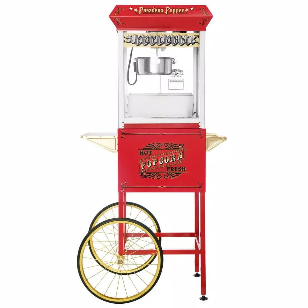 Great Northern Pasadena 8 oz. Antique Red Popcorn Machine with Cart, Commercial Quality Oil Popper