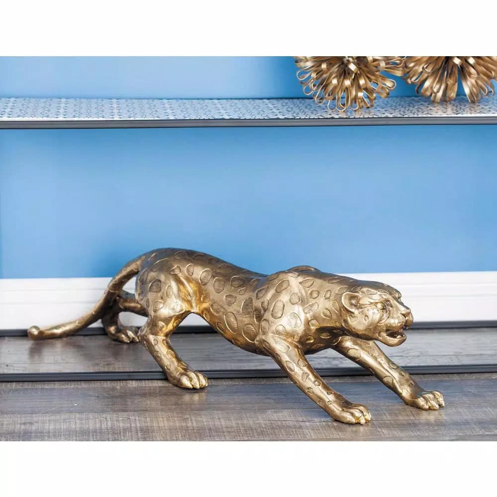 LITTON LANE 34 in. Wild Life Leopard Sculpture in Polished Gold Polystone