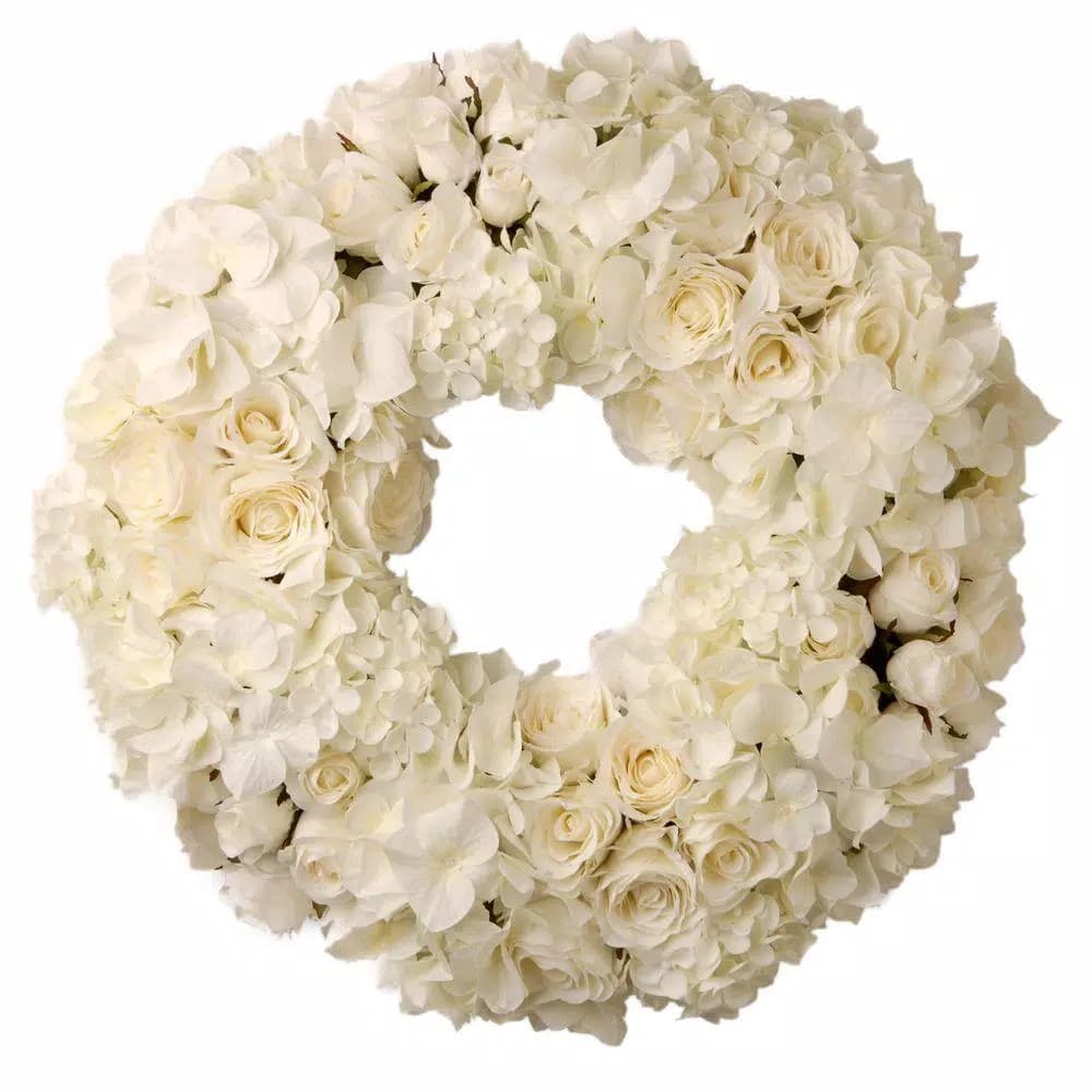 National Tree Company 15 in. White Rose and Hydrangea Mixed Flower Wreath