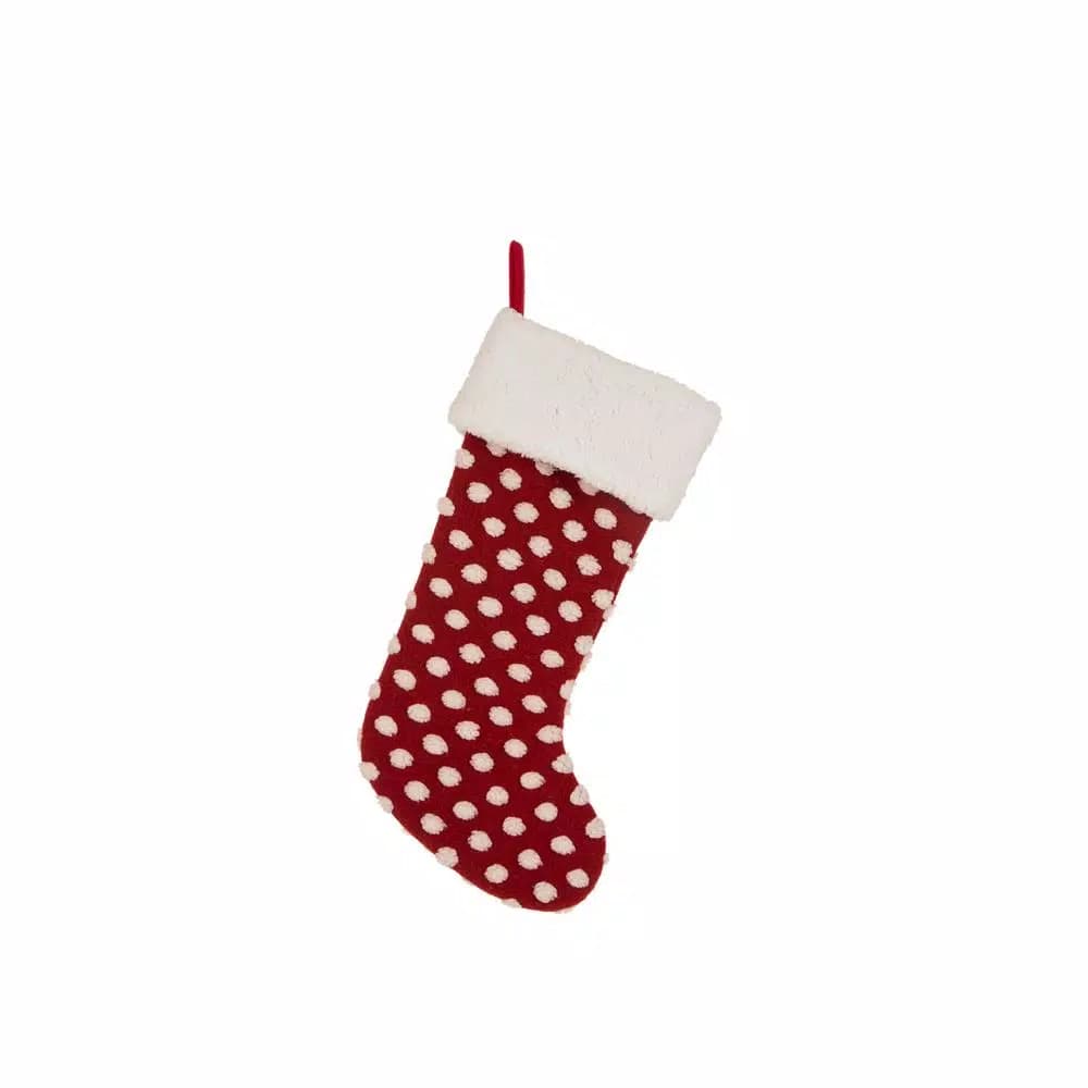 Glitzhome 21 in. Red and White Polka Dot Fabric Pompom Christmas Stocking