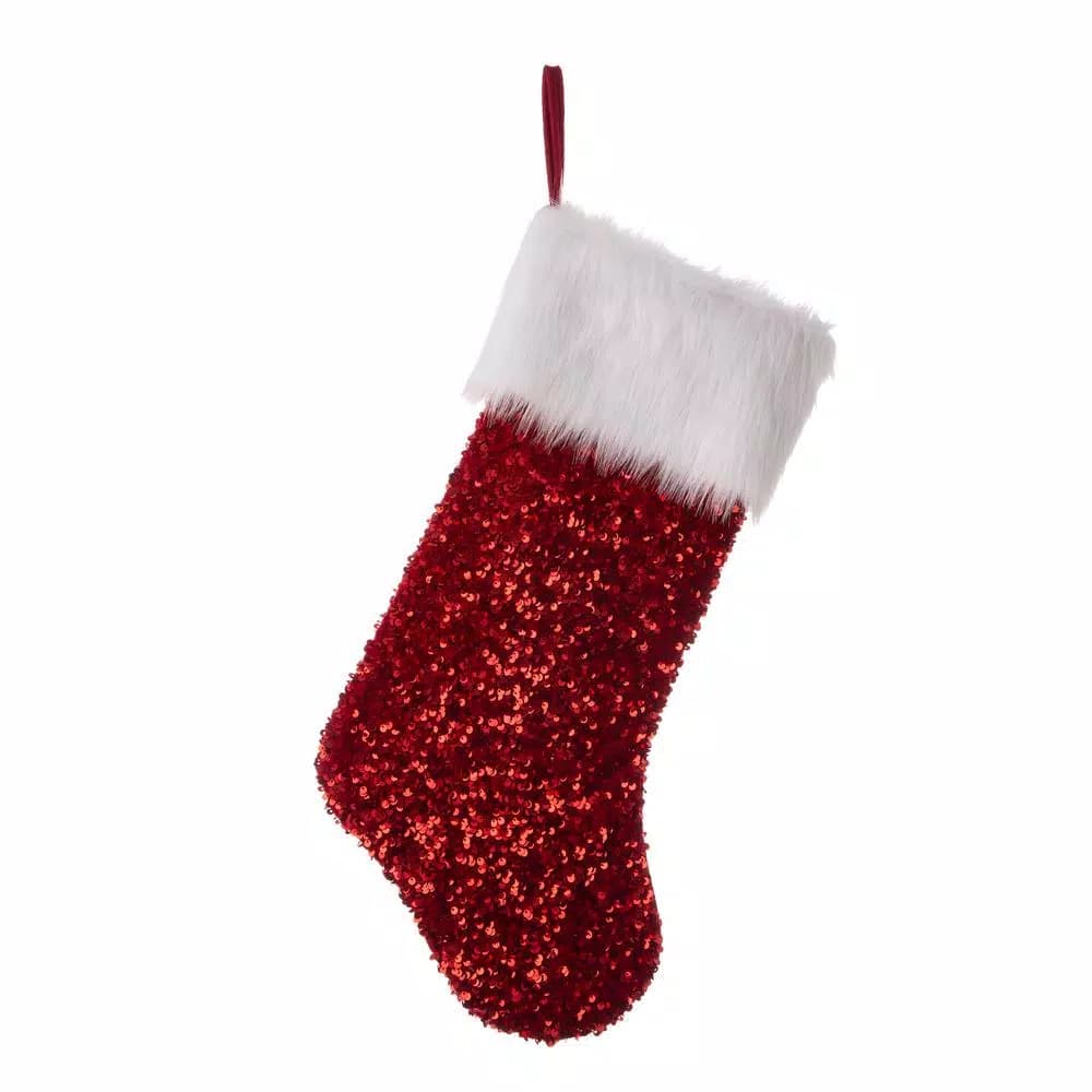 Glitzhome 21 in. Red Sequin Christmas Stocking with White Faux Fur Cuff