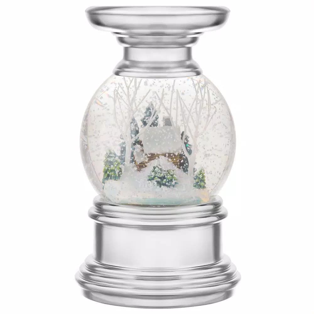 Haute Decor 7.5 in. Log Cabin Snowburst Animated Snow Globe Candleholder - Silver