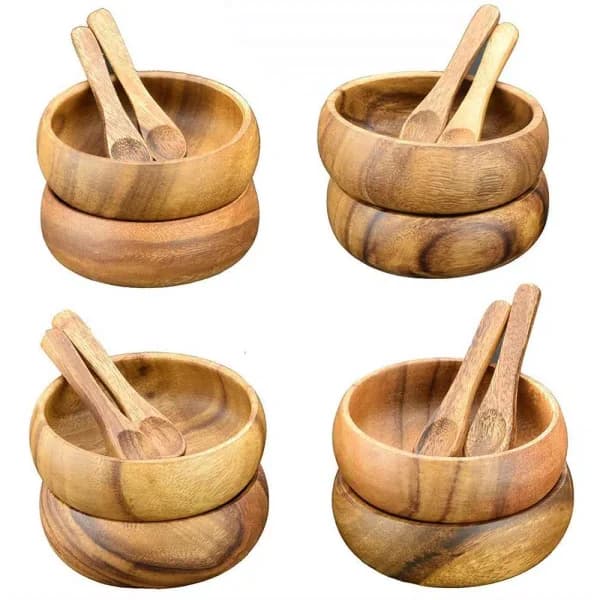 Acaciaware 16-Piece Acacia Wood Round Dip and Nut Bowl Set with Spoons