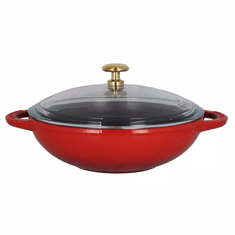 Chasseur 7 in. Red Enameled Cast Iron Mini Wok with Glass Lid