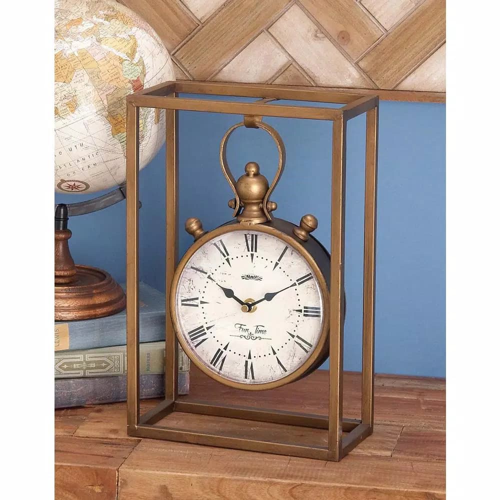 LITTON LANE 13 in. Round Iron Table Clock with Rectangular Metal Frame, Tarnished Bronze Finish