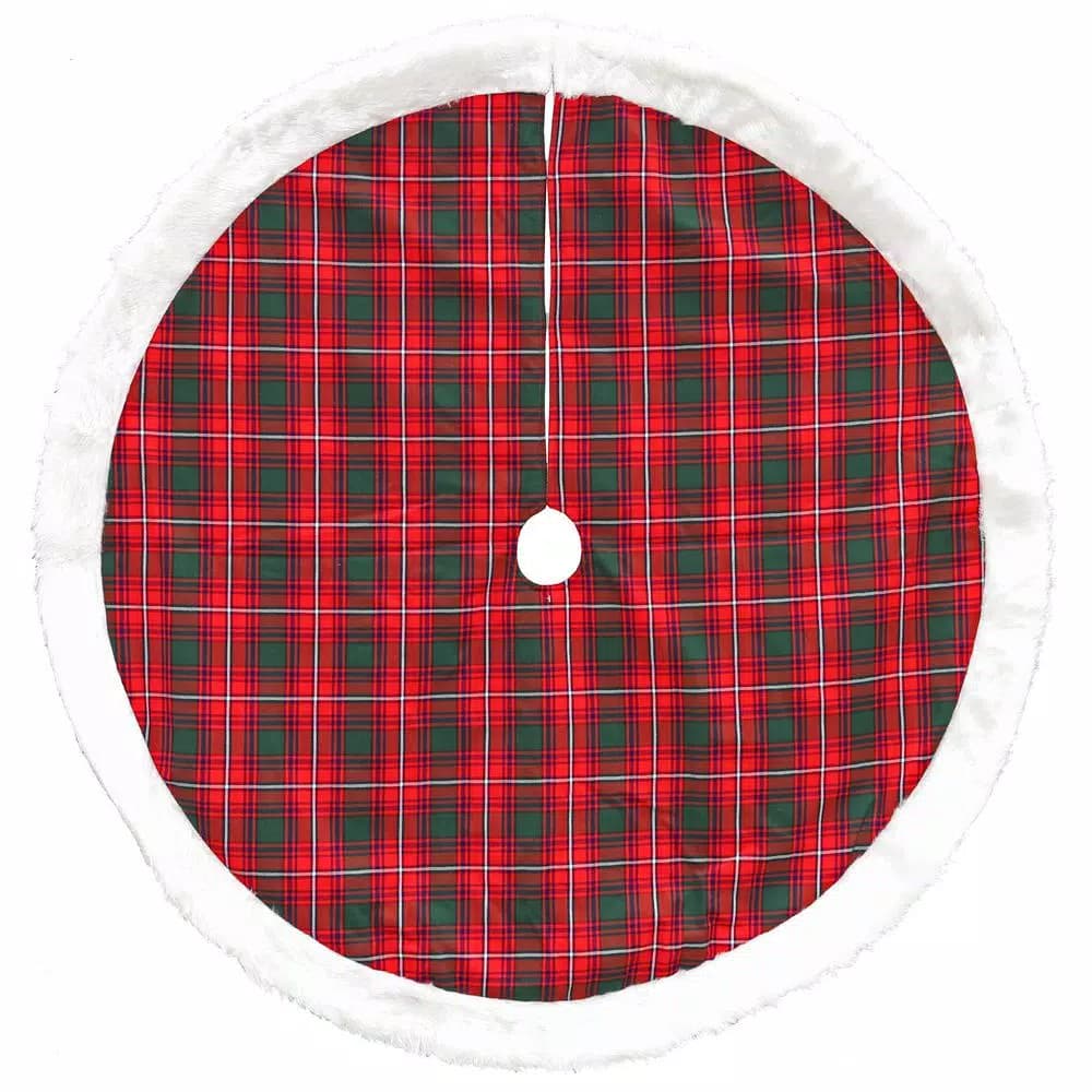 Dyno 48 in. Red and Green Plaid Christmas Tree Skirt with White Plush Faux Fur Border