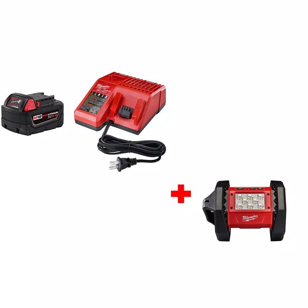 Milwaukee M18 18V Lithium-Ion Cordless LED Flood Light & 5.0Ah Battery Starter Kit