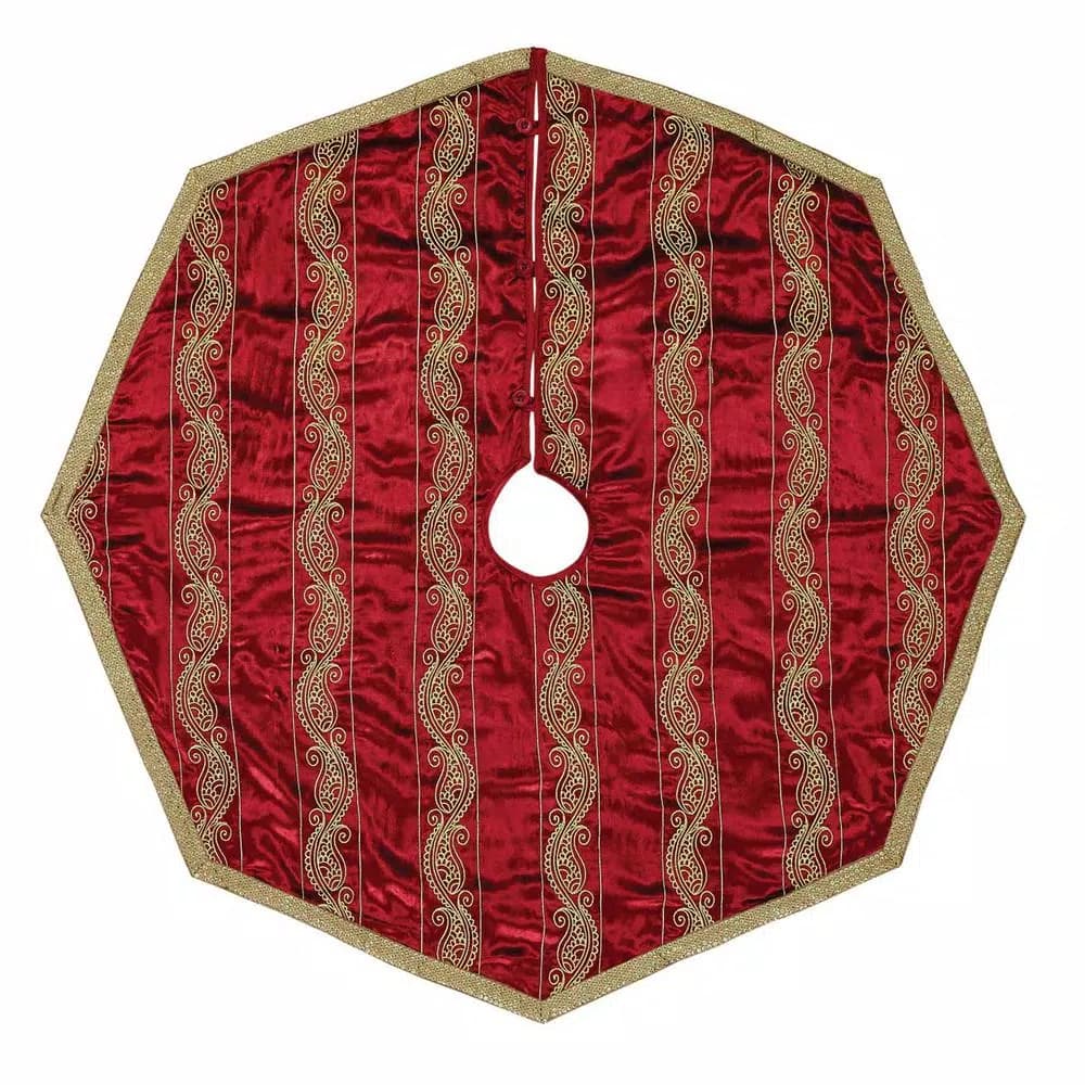 VHC Brands 48 in. Yule Christmas Red Glam Decor Tree Skirt with Gold Embroidered Paisley