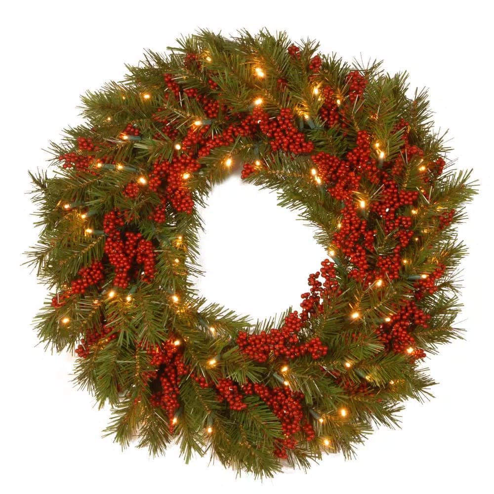 National Tree Company Decorative Collection 24 in. Valley Pine Artificial Wreath with Red Berries and Warm White LED Lights