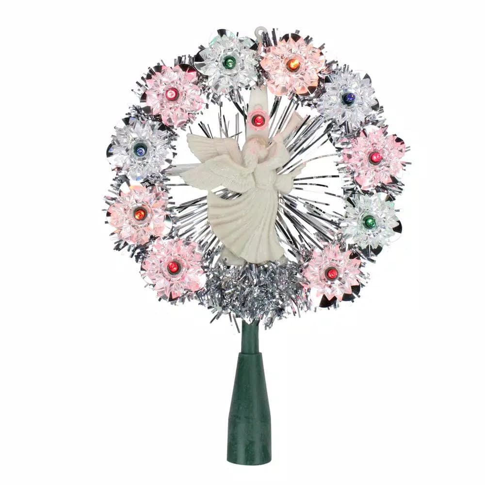 Northlight 8 in. Silver Tinsel Angel Christmas Tree Topper with 11 Multi-Color Mini Lights