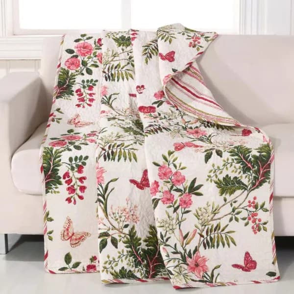 Greenland Home Fashions Butterflies Multi Quilted Cotton Throw Blanket, Reversible Floral Design