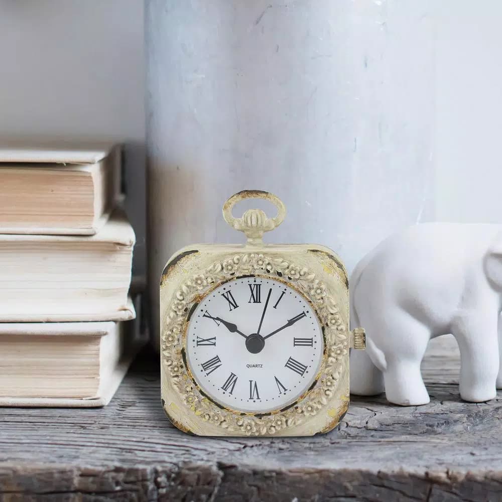 Stonebriar Collection Weathered White Metal Tabletop Analog Clock with Roman Numerals