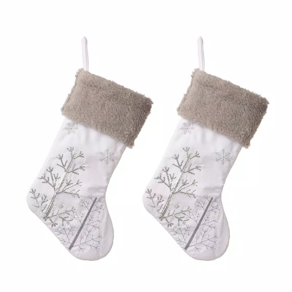 Glitzhome 21 in. White Faux Fur Christmas Stockings with Silver Sequins and Embroidery (2-Pack)