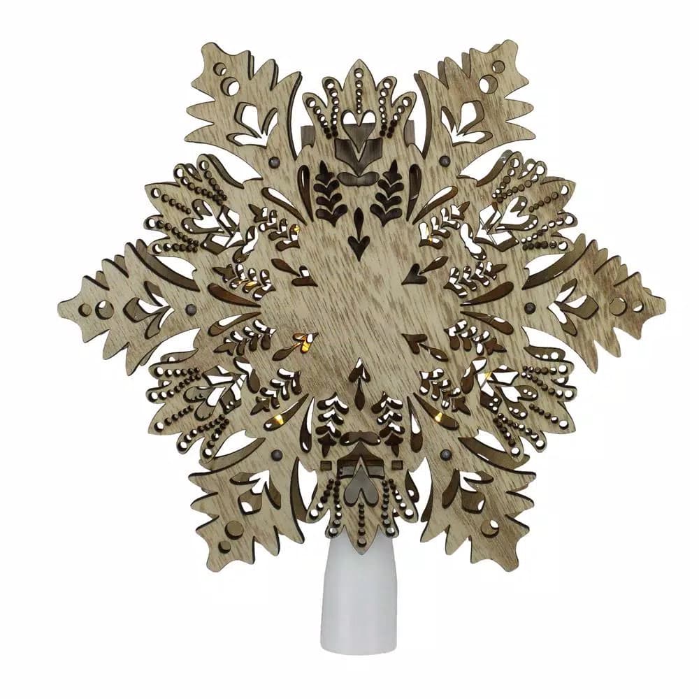 Northlight 8.5 in. Lighted Wooden Snowflake Christmas Tree Topper with 10 Clear Micro Lights