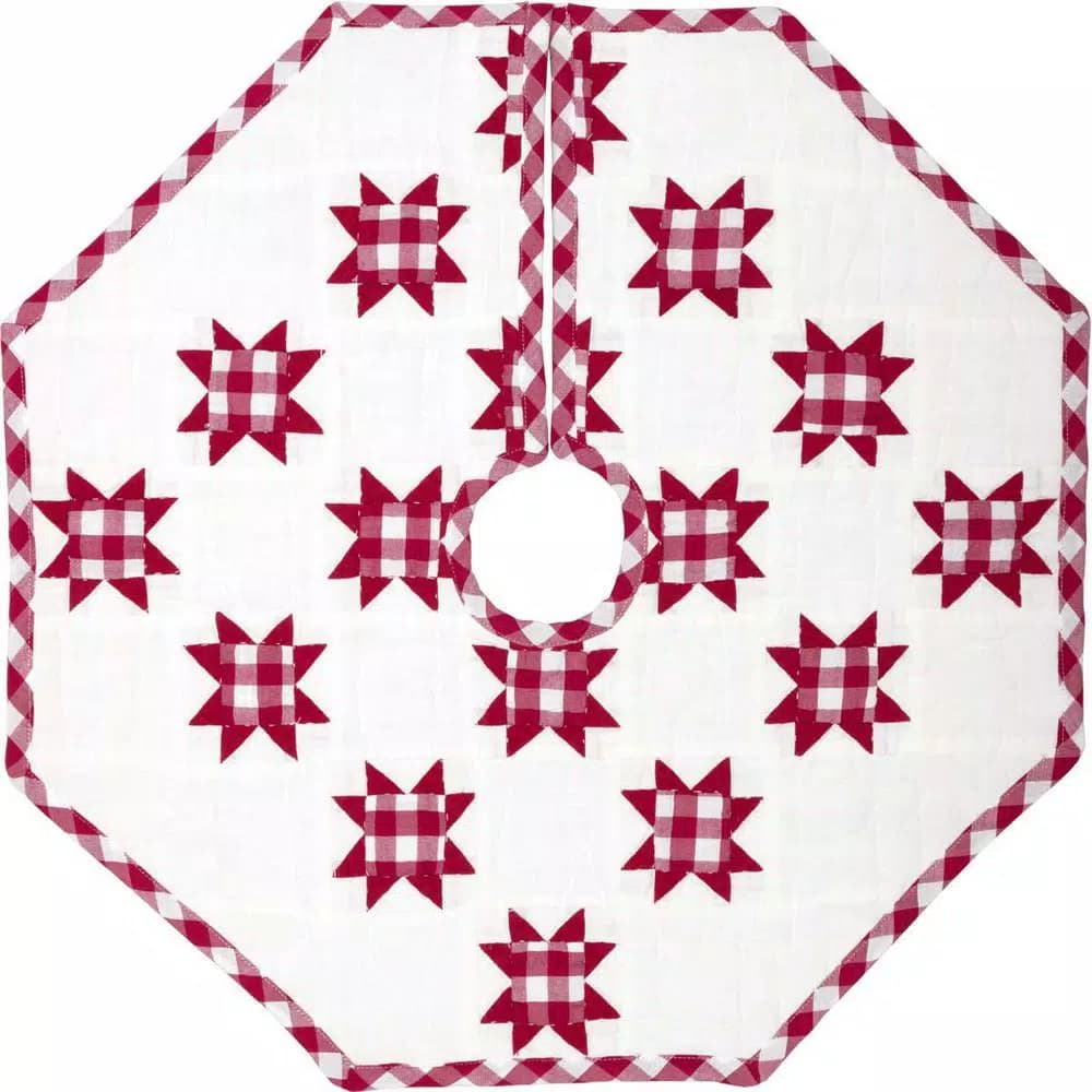 VHC Brands Emmie 21 in. Red Patchwork Christmas Tree Skirt - Hand-Quilted Cotton Farmhouse Decor