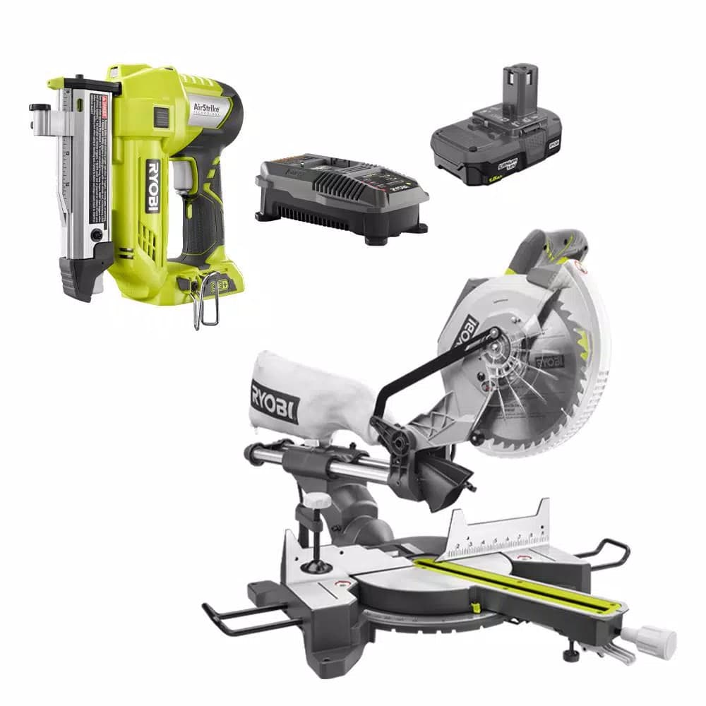 RYOBI 10 in. Sliding Compound Miter Saw and 18V ONE+ AirStrike Pin Nailer Kit