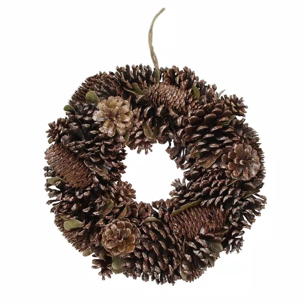 Northlight 13 in. Assorted Pine Cone and Green Leaf Wooden Christmas Wreath with Brown Glitter