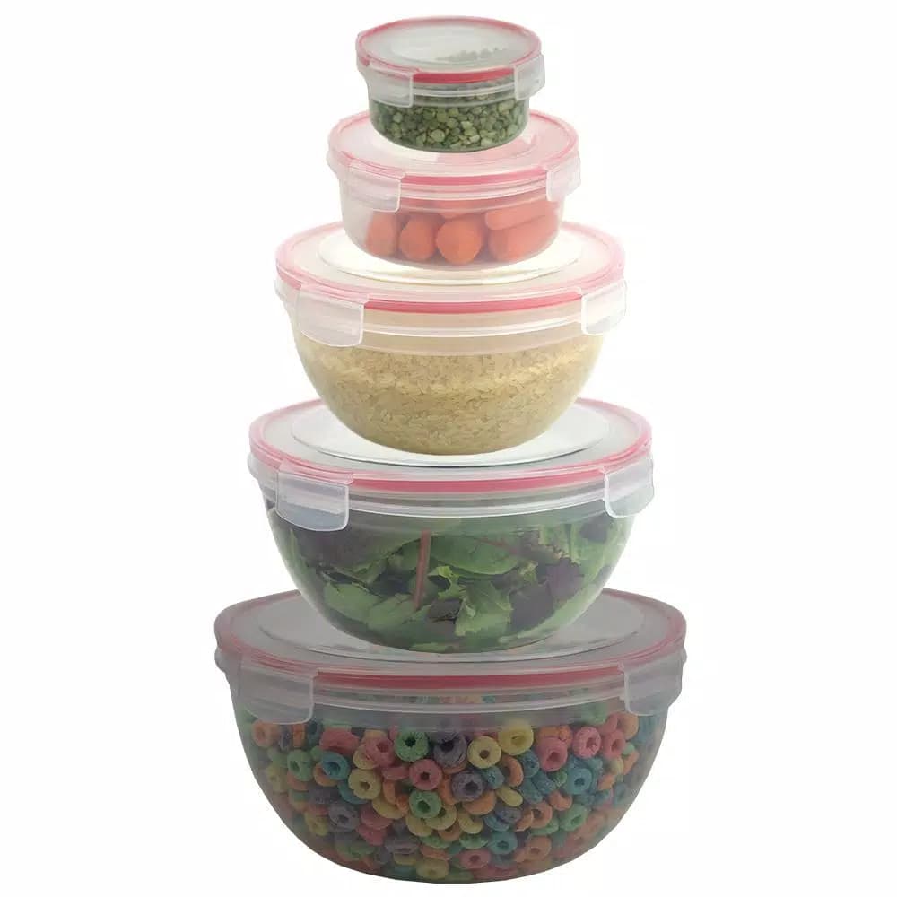 Unbranded 10-Piece Round Plastic Food Storage Container Set with Locking Snap-On Lids, Red