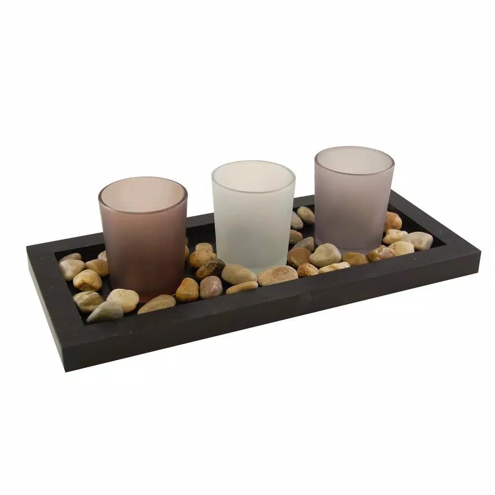 LUMABASE Pebble Candle Tray Set with 3 Frosted Glass Votive Holders and Smooth Pebbles - Black Wood