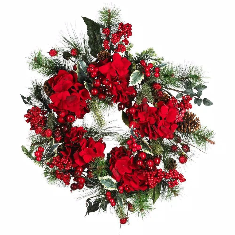 Nearly Natural 22in. Red Holiday Hydrangea Wreath with Evergreen, Pine Cones, and Berries