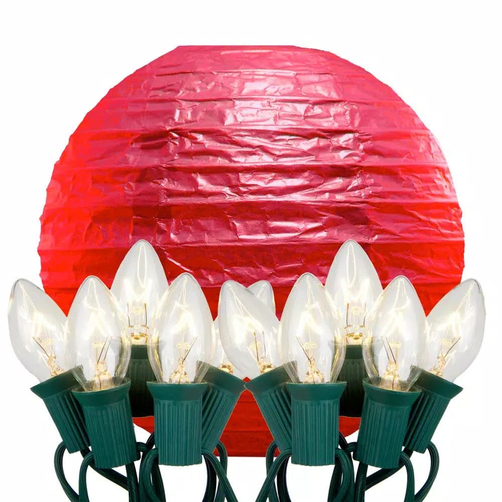LUMABASE 10 in. Red Paper Lantern String Lights, 30 ft. Cord with 10 Incandescent Bulbs