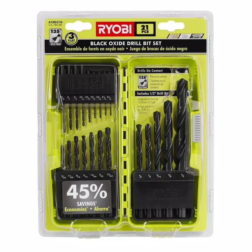 Ryobi 21-Piece Black Oxide Drill Bit Set, High Speed Steel Twist Bits