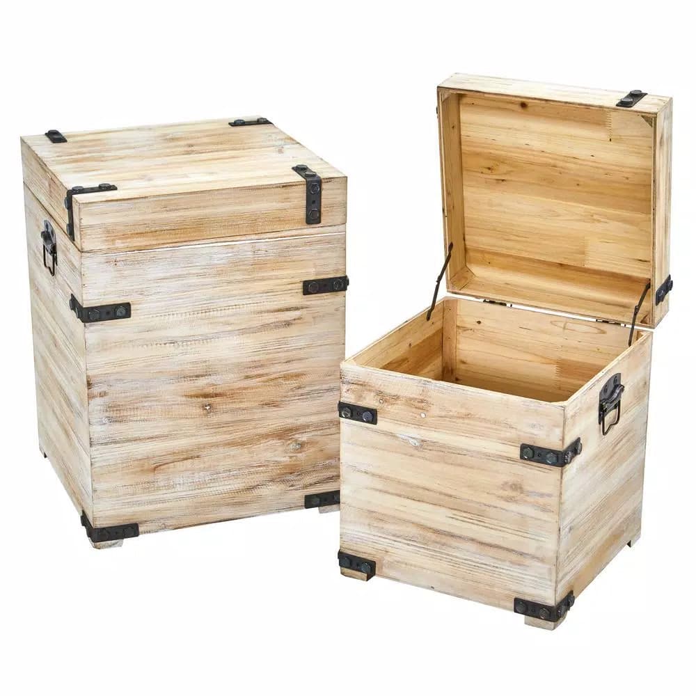 Nearly Natural Rustic White Wash Wood Decorative Storage Boxes with Metal Detail, Set of 2
