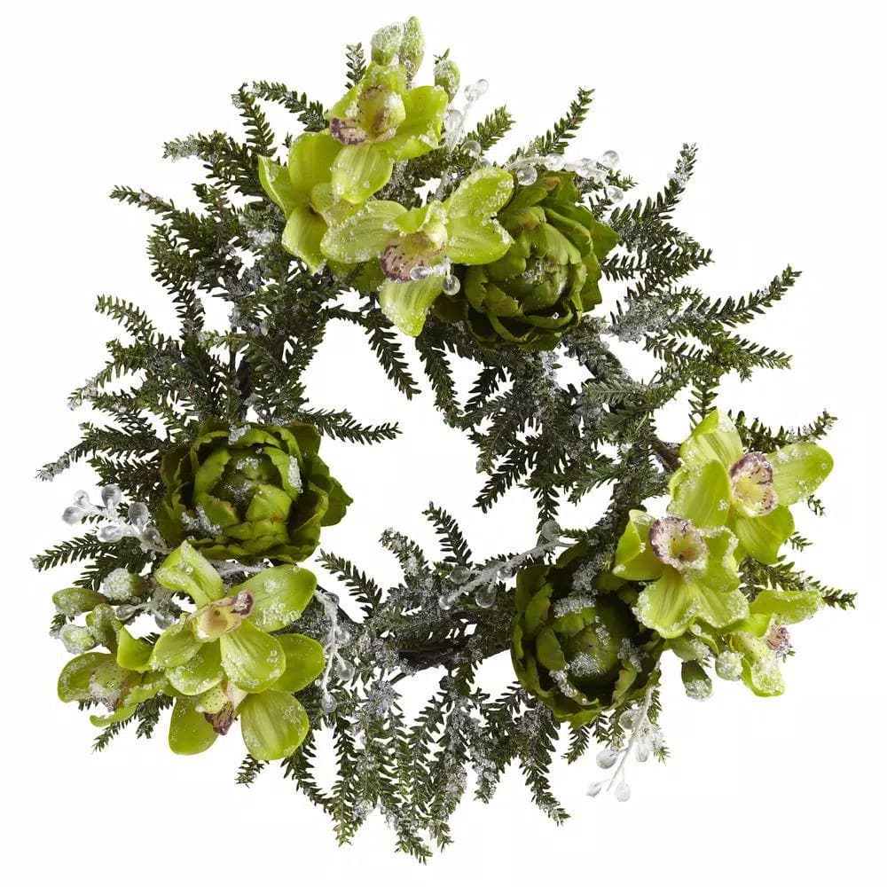 Nearly Natural 22 in. Iced Cymbidium Orchid and Artichoke Wreath, Rustic Green Floral Decor