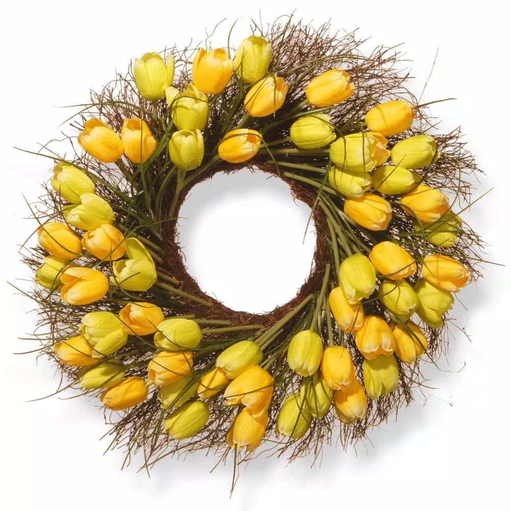 National Tree Company 24 in. Yellow Tulip Floral Wreath - Cottage Style Fabric Wreath