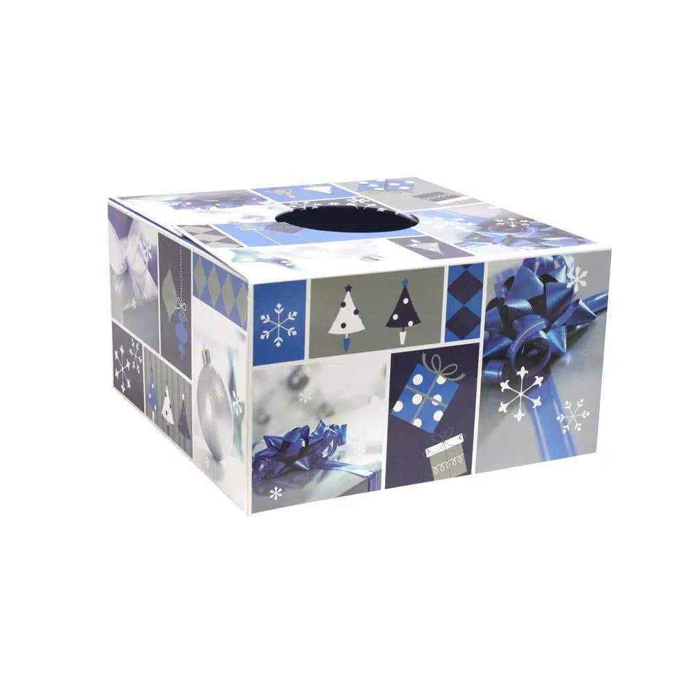 Unbranded Blue and Silver Design Tree Skirt Box - Decorative Christmas Tree Stand Cover