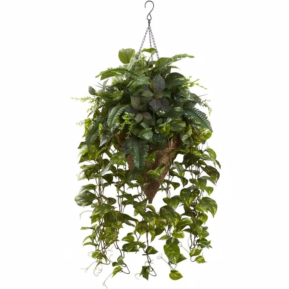 Nearly Natural 36 in. Vining Mixed Greens Artificial Plant with Cone Wicker Hanging Basket