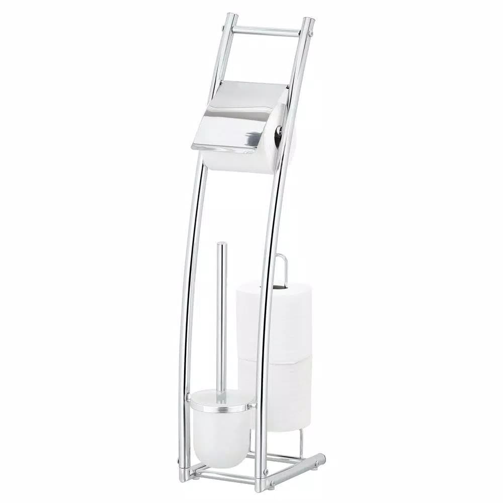 Furinno Wayar Toilet Brush and Paper Holder Stand, 3-in-1 Freestanding Chrome Bathroom Organizer, Silver