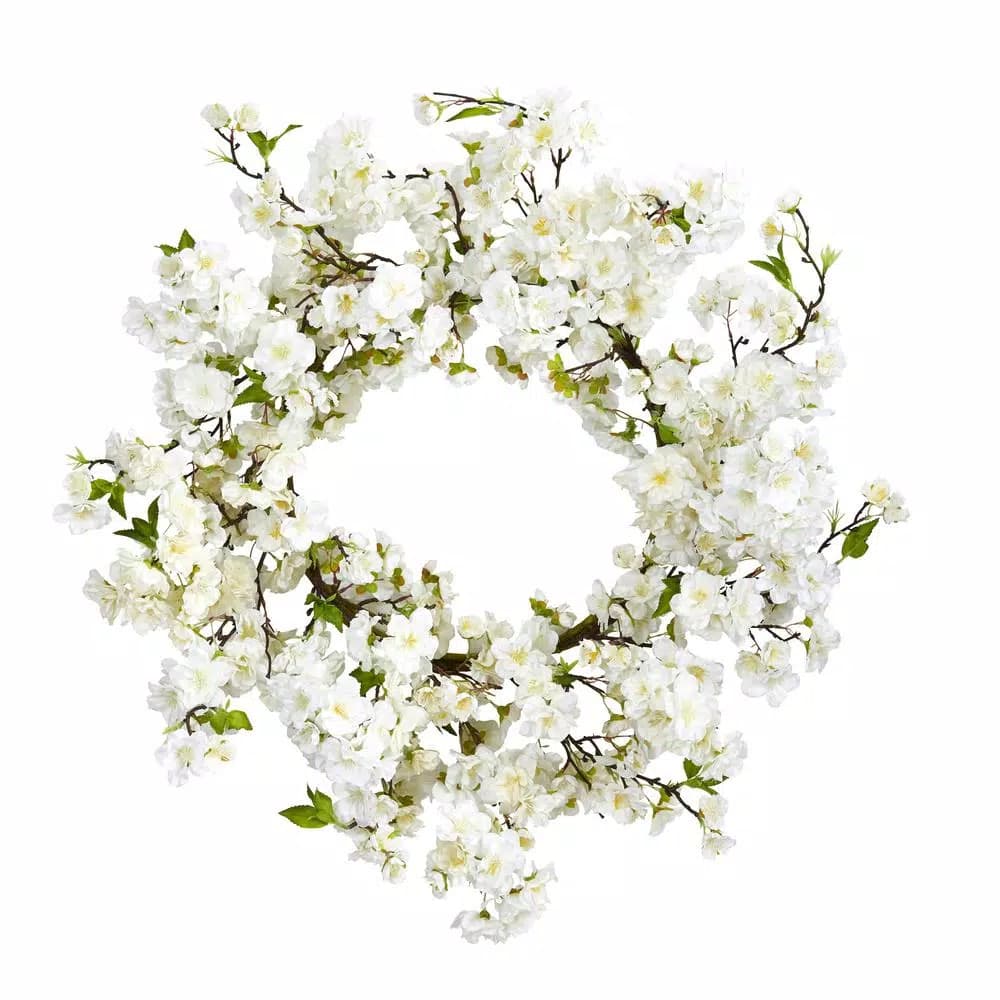 Nearly Natural 24 in. Artificial Cherry Blossom Wreath with Pink Petals and Green Foliage