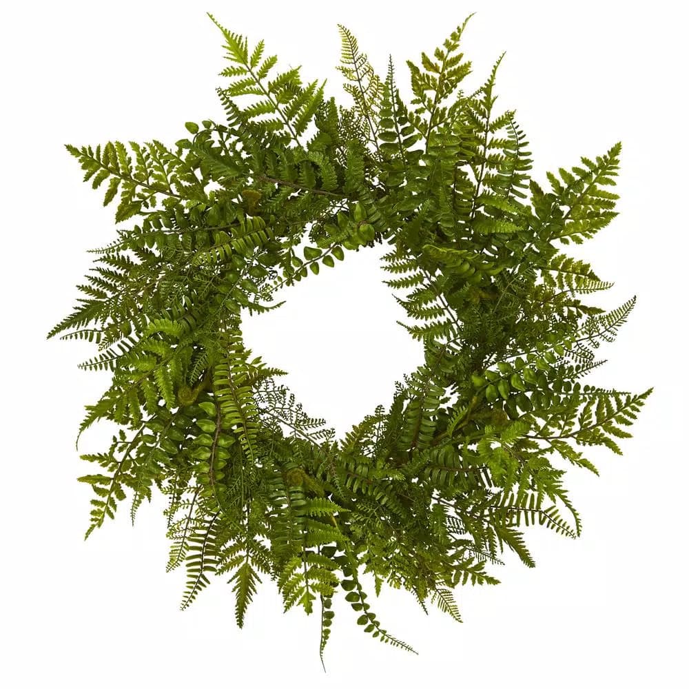 Nearly Natural 24 in. Mixed Artificial Fern Wreath, Green Fabric Foliage