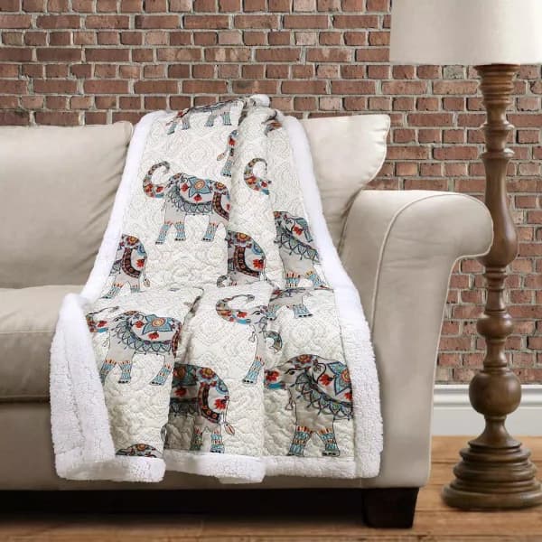 Lush Decor Hati Elephants Navy and Turquoise Sherpa Throw Blanket, Boho Animal Print