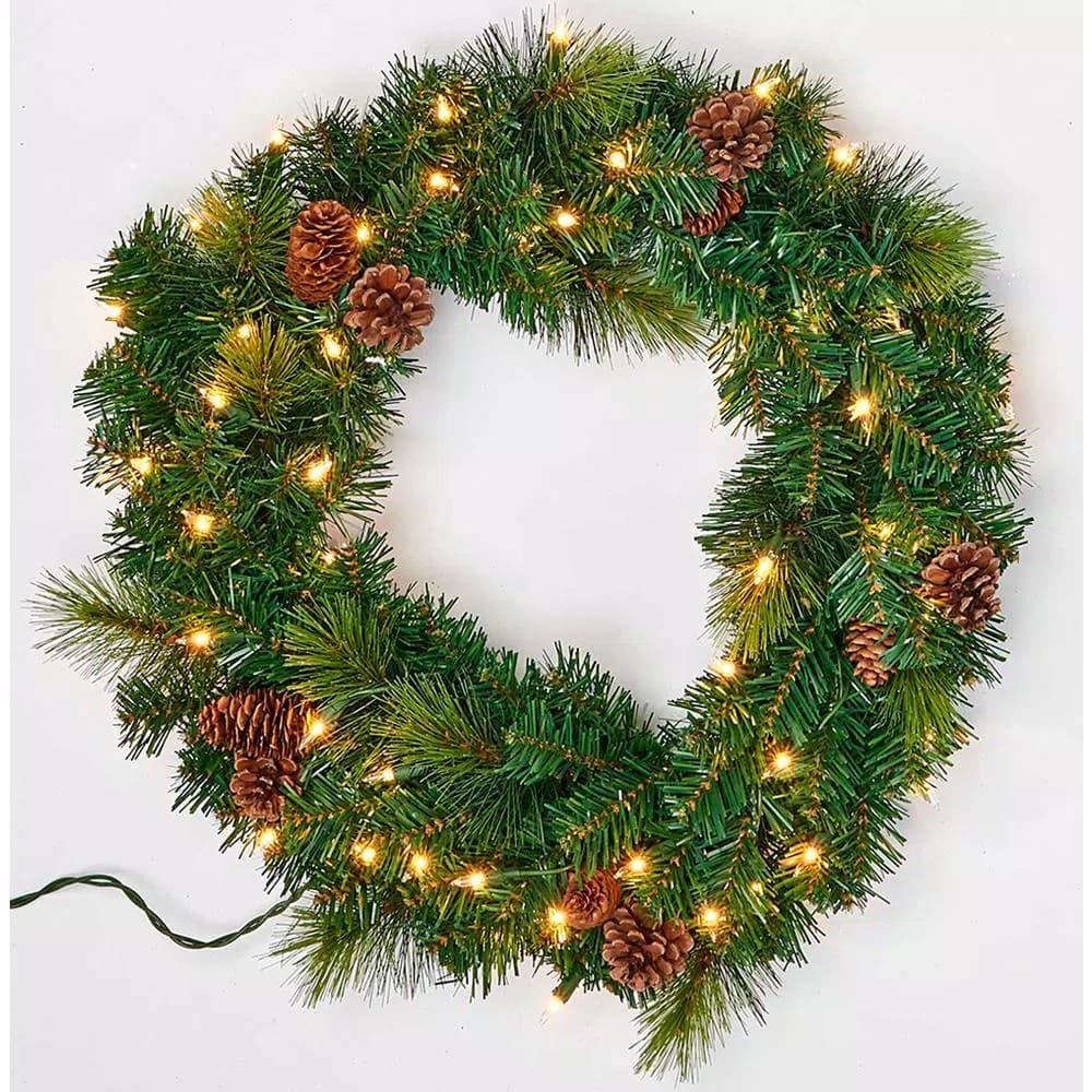 Unbranded 22 in. Artificial Pine and Cone LED Lighted Wreath with 50 White Lights