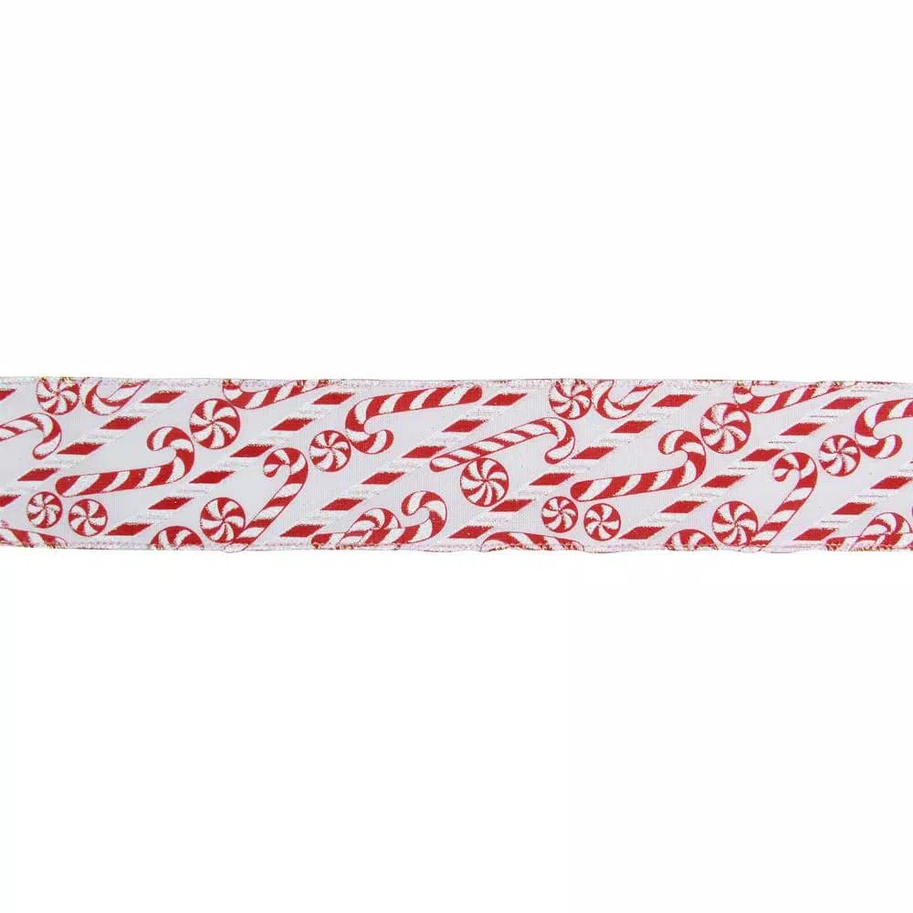 Northlight 2.5 in. x 16 yds. White and Red Candy Cane Wired Craft Ribbon with Iridescent Trim