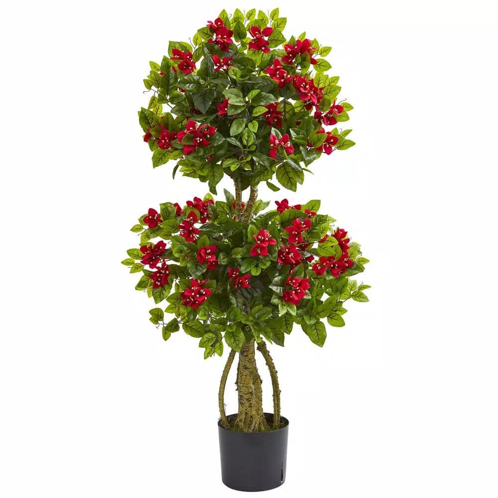 Nearly Natural 48 in. Double Bougainvillea Artificial Topiary Tree in Black Pot, Red Blooms