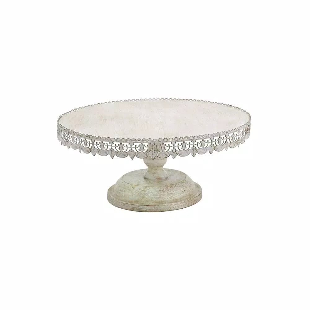 LITTON LANE 22 in. Round Iron Cake Stand with Floral Bunting Overhang, Whitewashed & Rust Brown