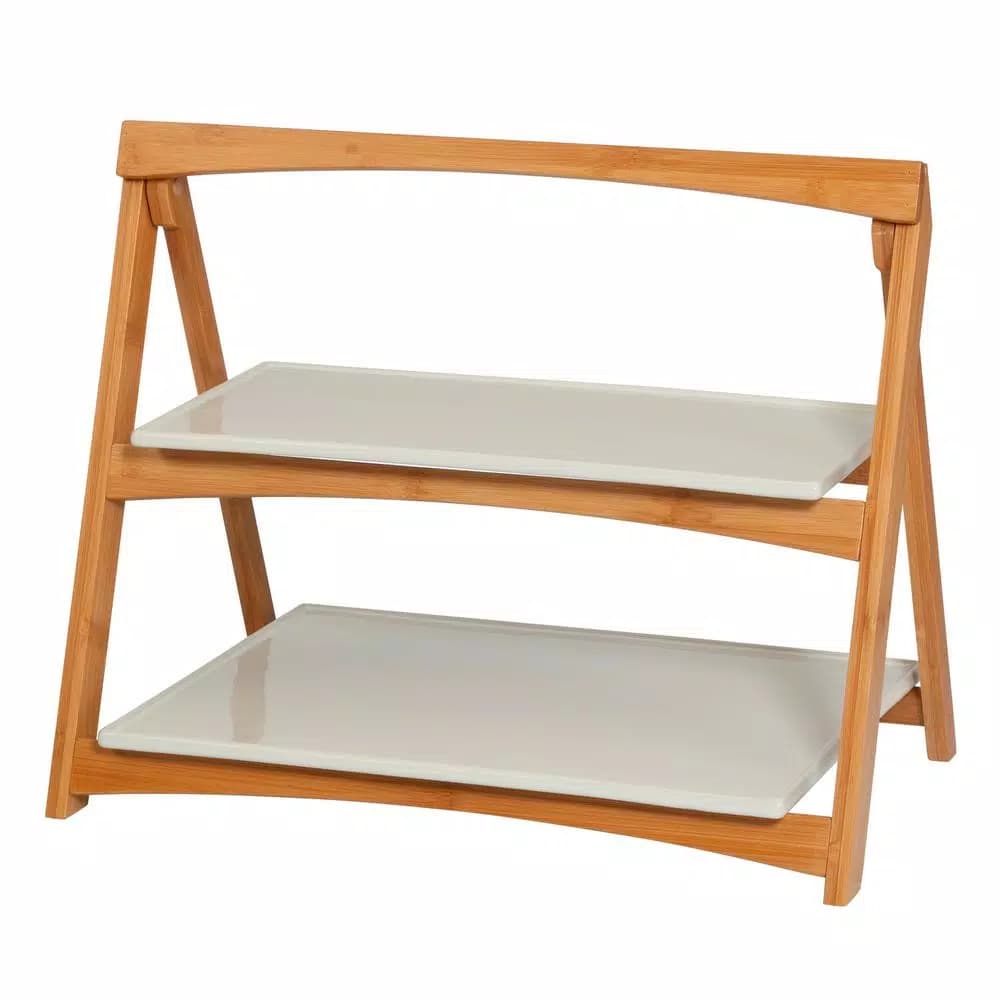Unbranded CreativeWare TableStyles 2-Tiered Bamboo and Stoneware Folding Ladder Serving Set