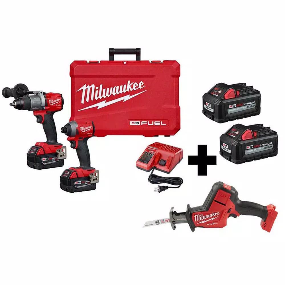 Milwaukee M18 FUEL 3-Tool Combo Kit: Hammer Drill, Impact Driver, and HACKZALL Reciprocating Saw with 4 Batteries